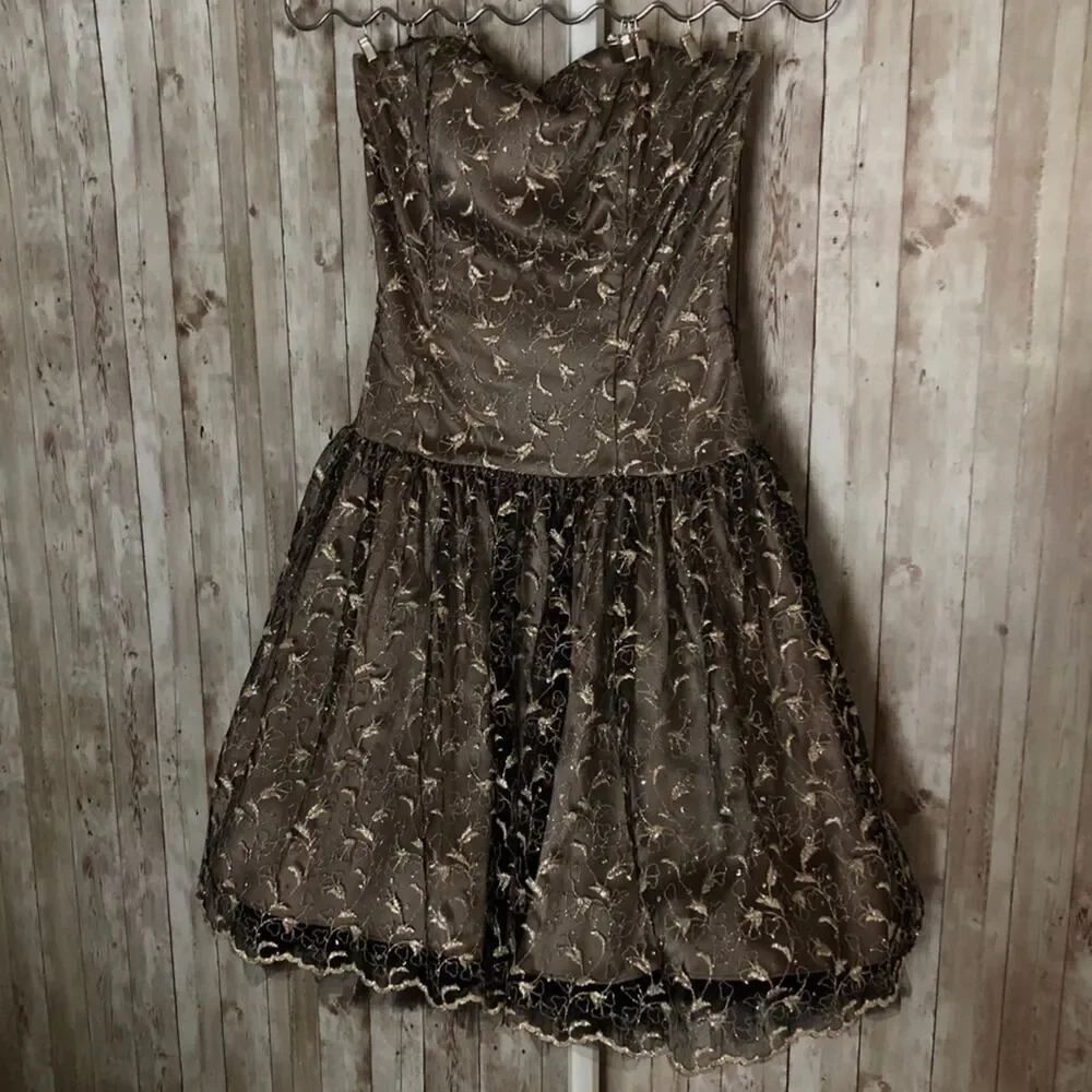 Jessica McClintock Gold Strapless Lace Tulle Dress